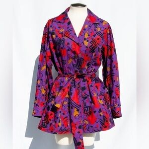 YVES Saint Laurent Vintage 1990s Purple Red Abstract Belted Shirt Jacket Dress
